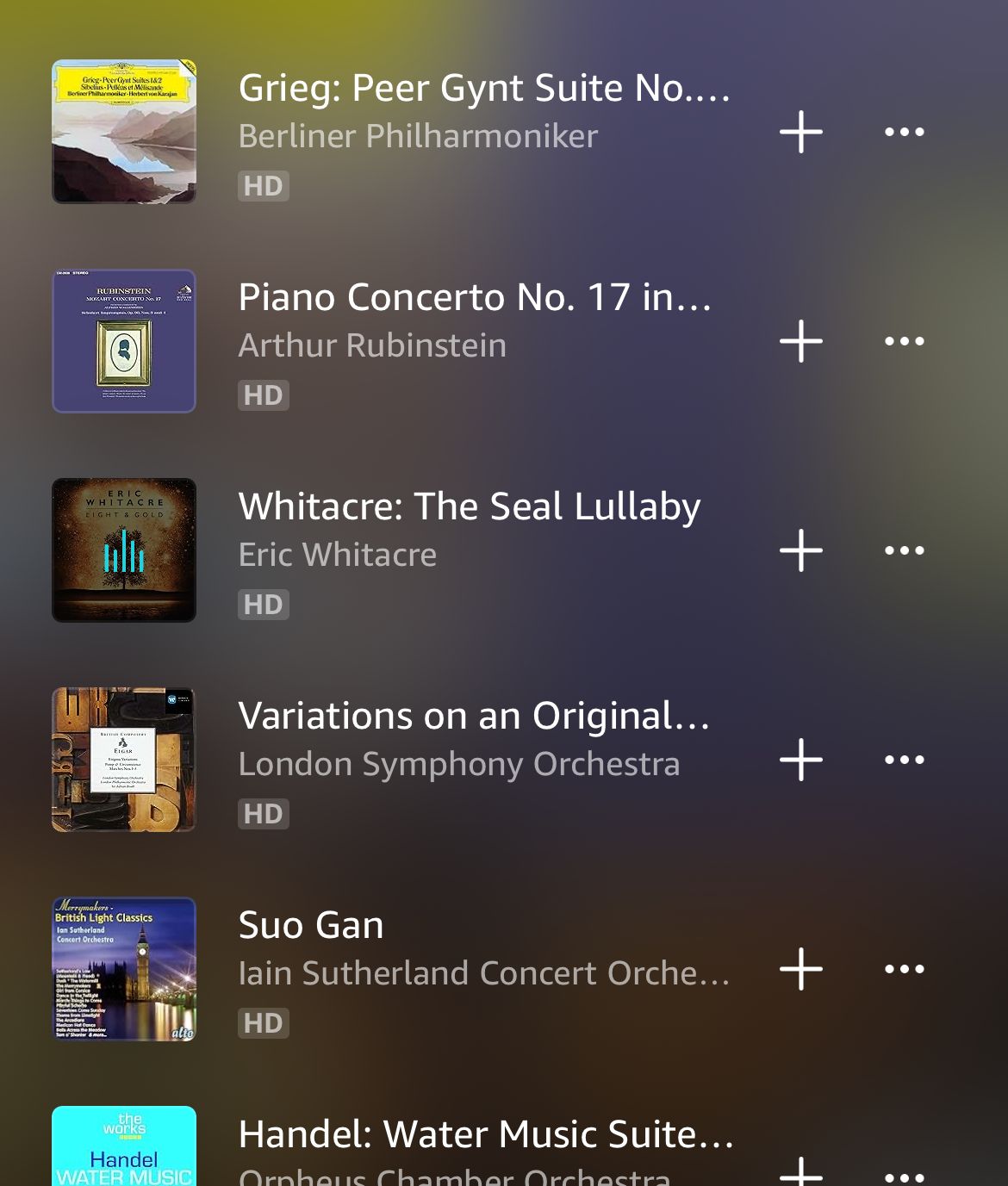 A playlist on Amazon music containing peacefully classical music.