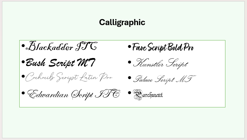 A PowerPoint slide showing some hard-to-read handwriting-type fonts.