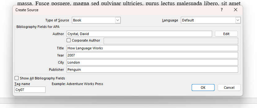 A sample citation in Microsoft Word's Create Source dialog box.