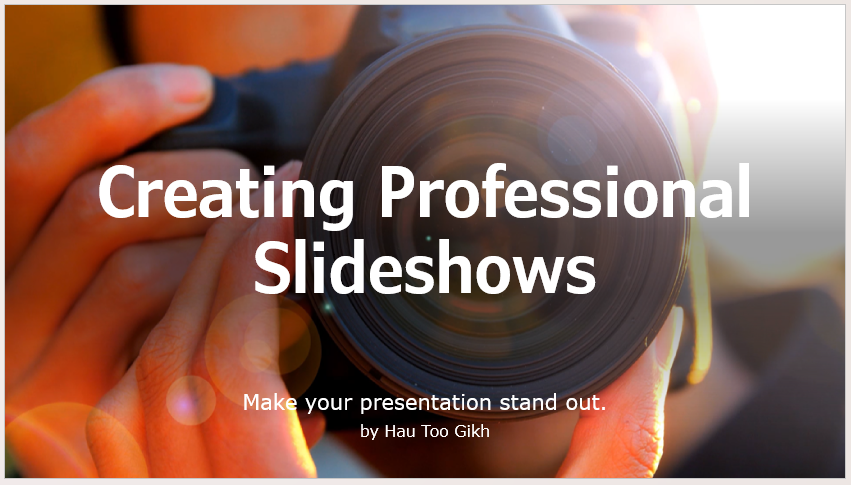 A sample PowerPoint title page, with a camera-themed background, a title, a subtitle, and the presenter's name.