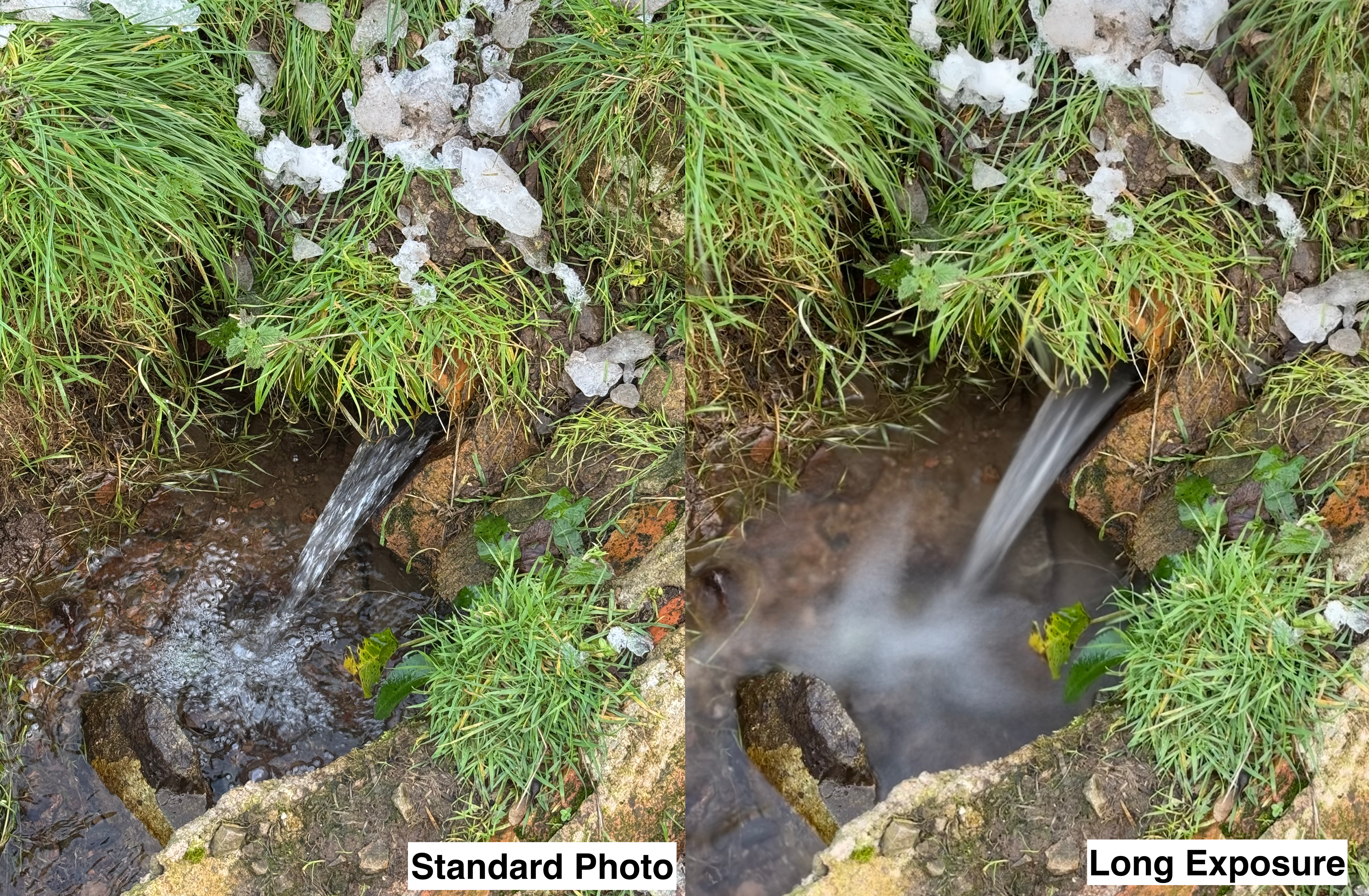 A standard photo and a long exposure side by side.