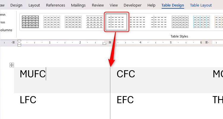 A table style in Microsoft Word that reflects the First Column box being checked.