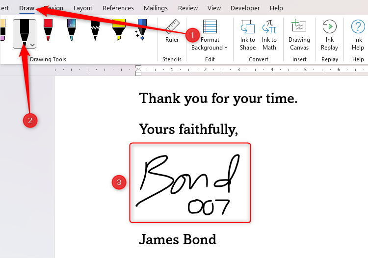 A Word document containing a James Bond signature, created through the Draw tab on the ribbon.