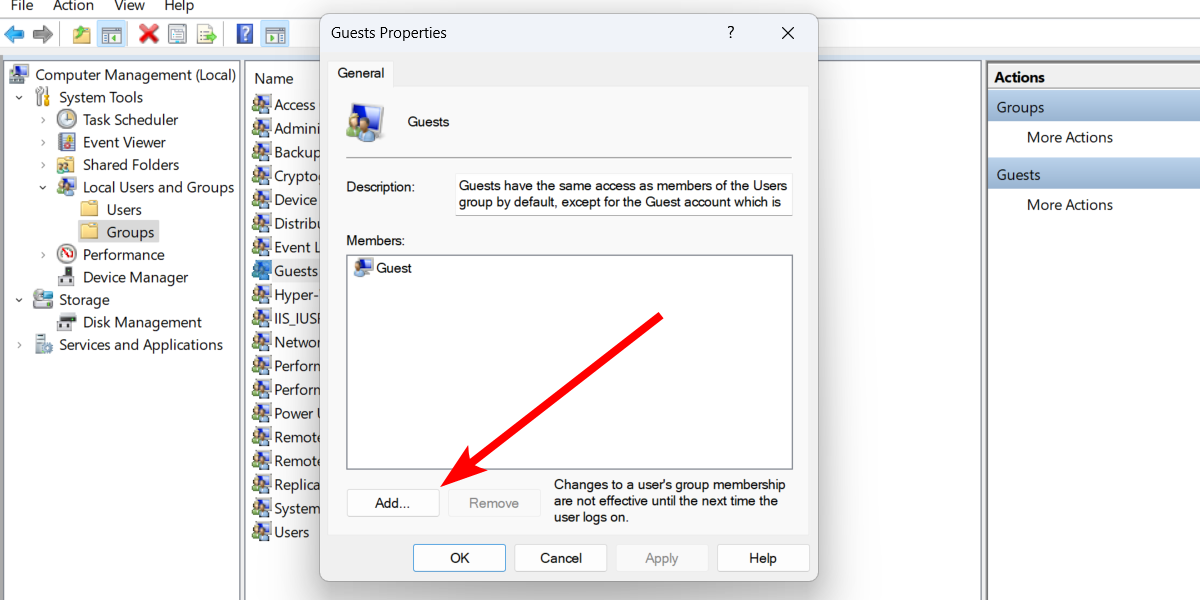 The "Add" button the Guest properties dialog box on Windows 11.