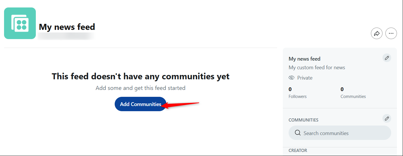 Add communities button on Reddit to add to feed.