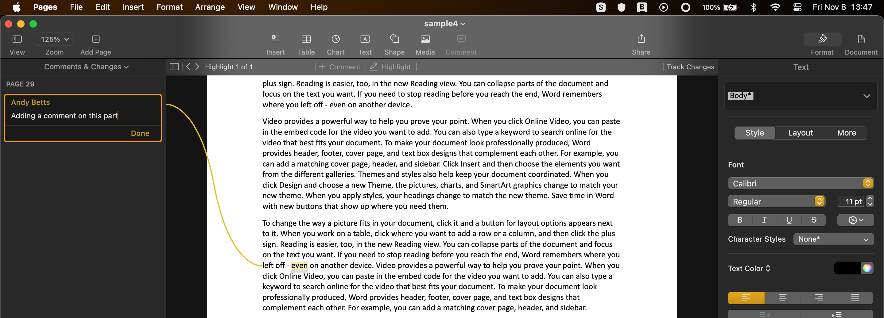Добавление комментариев в Apple Pages.