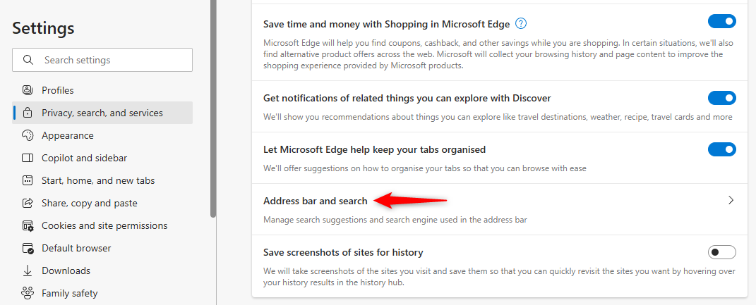 Address Bar and Search on Edge's settings menu.