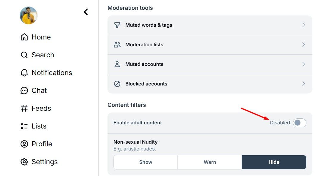 Adult Content toggle in Bluesky Settings.