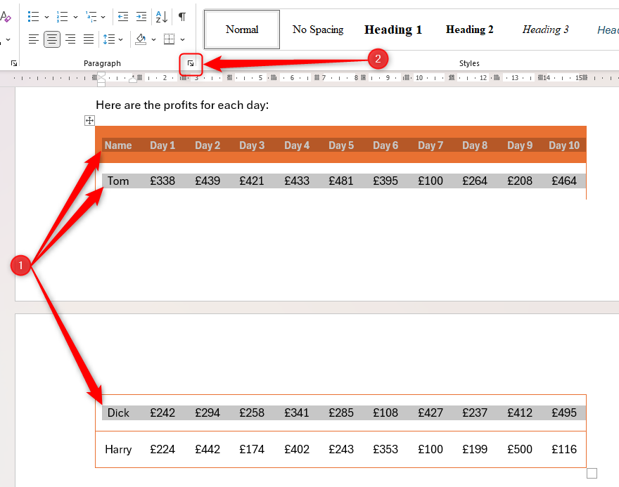 All rows except for the last are selected in a table in Microsoft Word, and the Paragraph Settings icon is highlighted.