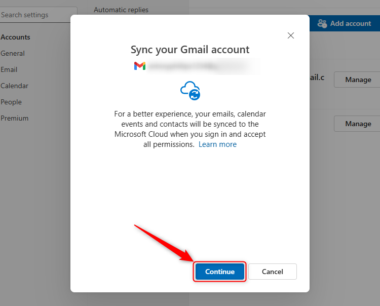 An alert in the new Outlook about syncing email accounts is displayed, and the Continue button is selected.