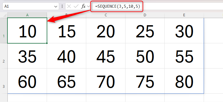 An example of the SEQUENCE function in Excel starting at 10, with the numbers increasing by five each time, and being five columns across and three rows down.