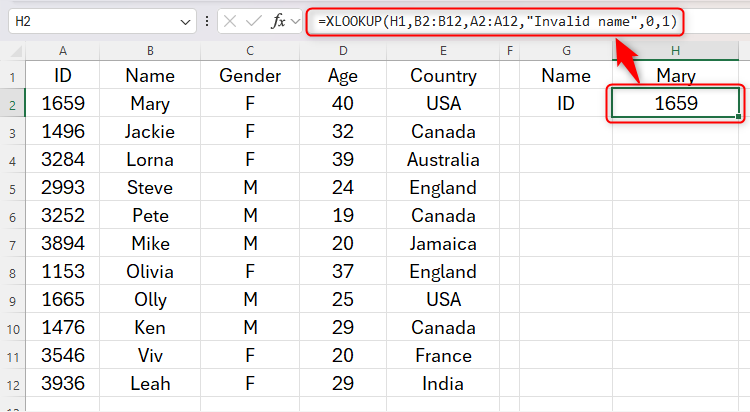 An example of the XLOOKUP function being used in Excel.