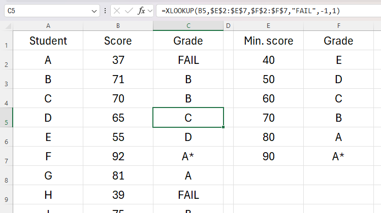 Um exemplo de XLOOKUP sendo usado no Excel.