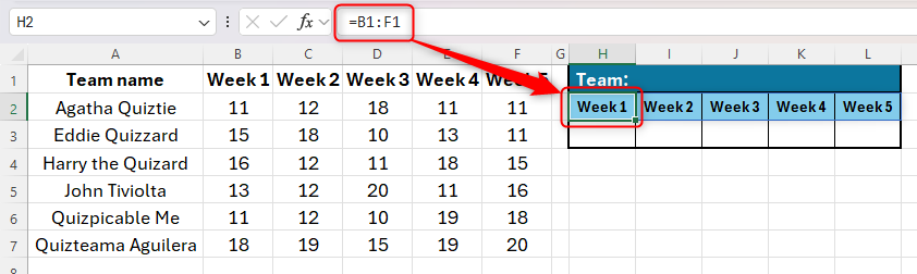 An Excel sheet containing a dynamic array formula to duplicate week numbers.