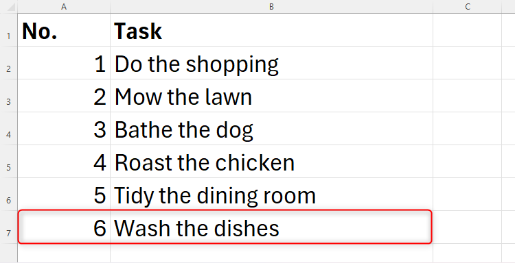 An Excel sheet containing a list of chores whose numbering increases automatically when another chore is added, thanks to the SEQUENCE and COUNTA functions being used together.