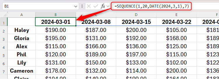 An Excel sheet containing a SEQUENCE formula containing the DATE function.