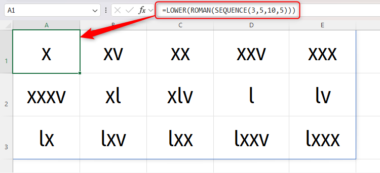 An Excel sheet containing a SEQUENCE formula embedded within the ROMAN function, and the whole formula embedded within the LOWER function.