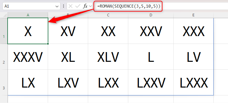 An Excel sheet containing a SEQUENCE formula embedded within the ROMAN function.