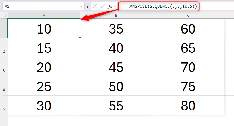 An Excel sheet containing a SEQUENCE formula embedded within the TRANSPOSE function.