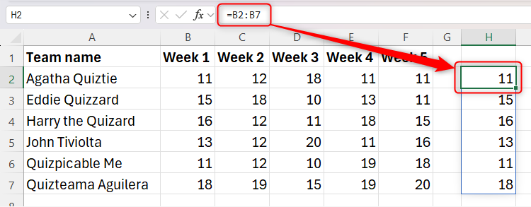 An Excel sheet showing a dynamic array formula and the resultant spilled array.