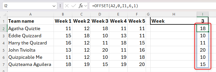 An Excel sheet showing the use of the OFFSET function to create a spilled array.