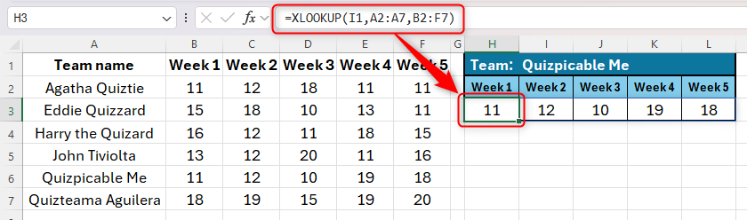 An Excel sheet showing the use of the XLOOKUP function to create a spilled array