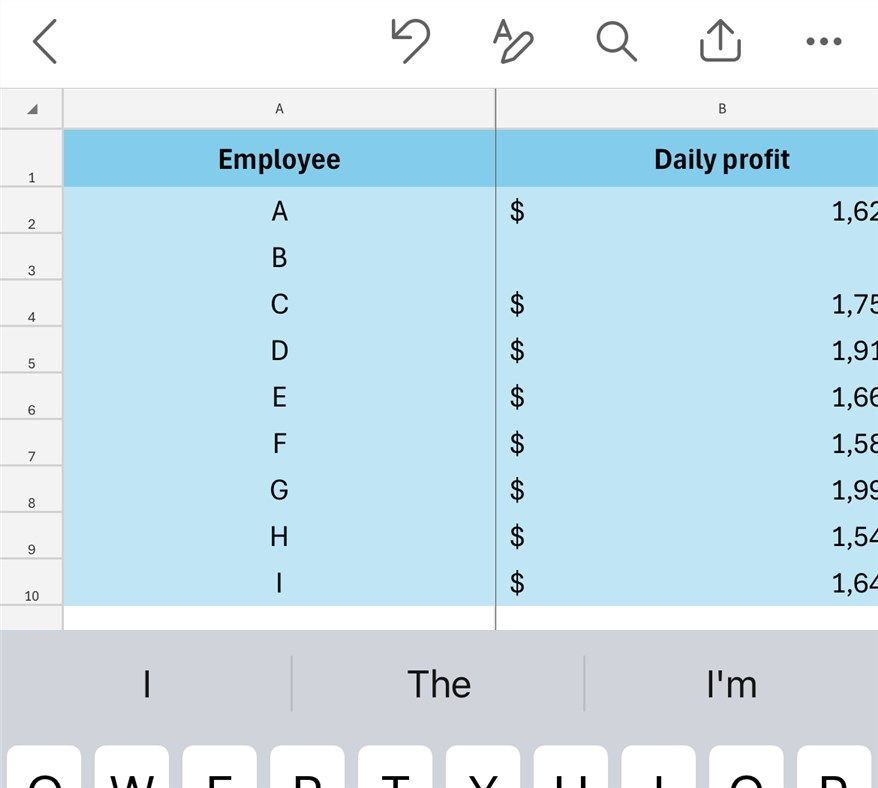 An Excel spreadsheet in the mobile app, with column A frozen and taking up half of the screen's width.