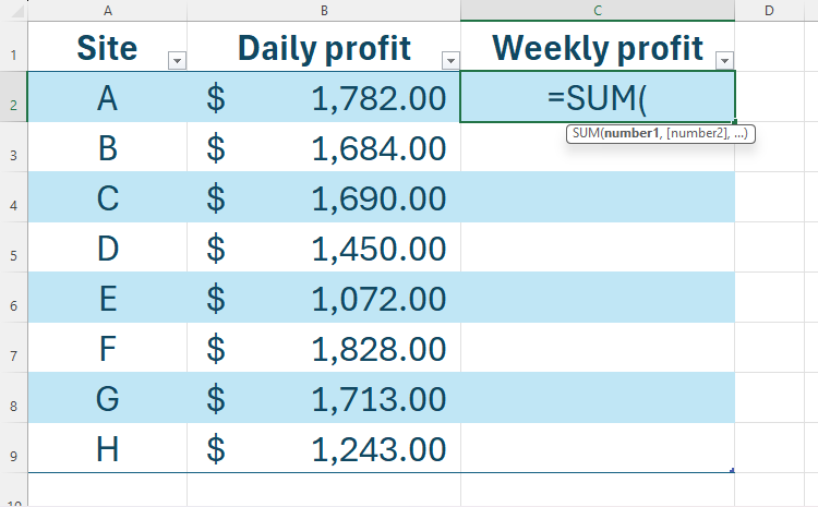 An Excel table containing a cell that has =SUM( typed into it, ready to begin a structured reference.