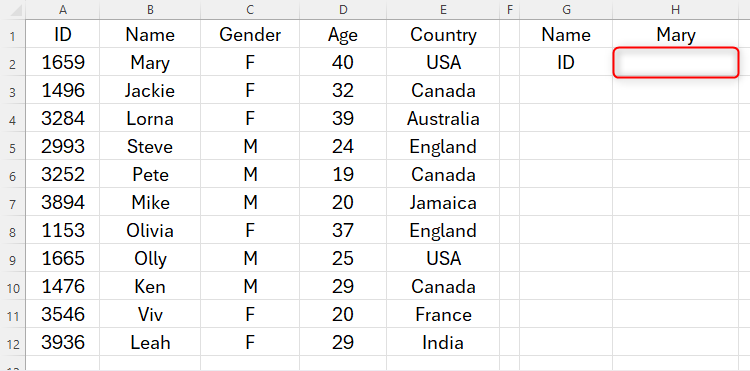 An Excel table containing employee data, and a separate data table that will pull information from the primary table using XLOOKUP.