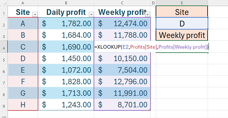 An XLOOKUP formula being created in Excel to grab data from a formatted Excel table.