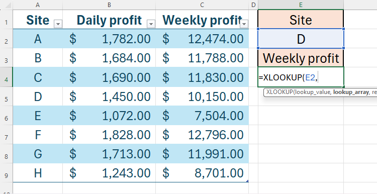 An XLOOKUP formula being created in Excel to pull data from a formatted Excel table.