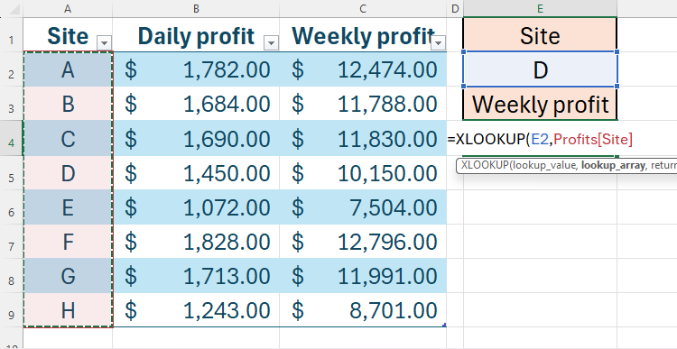 An XLOOKUP formula being created in Excel to retrieve data from a formatted Excel table.