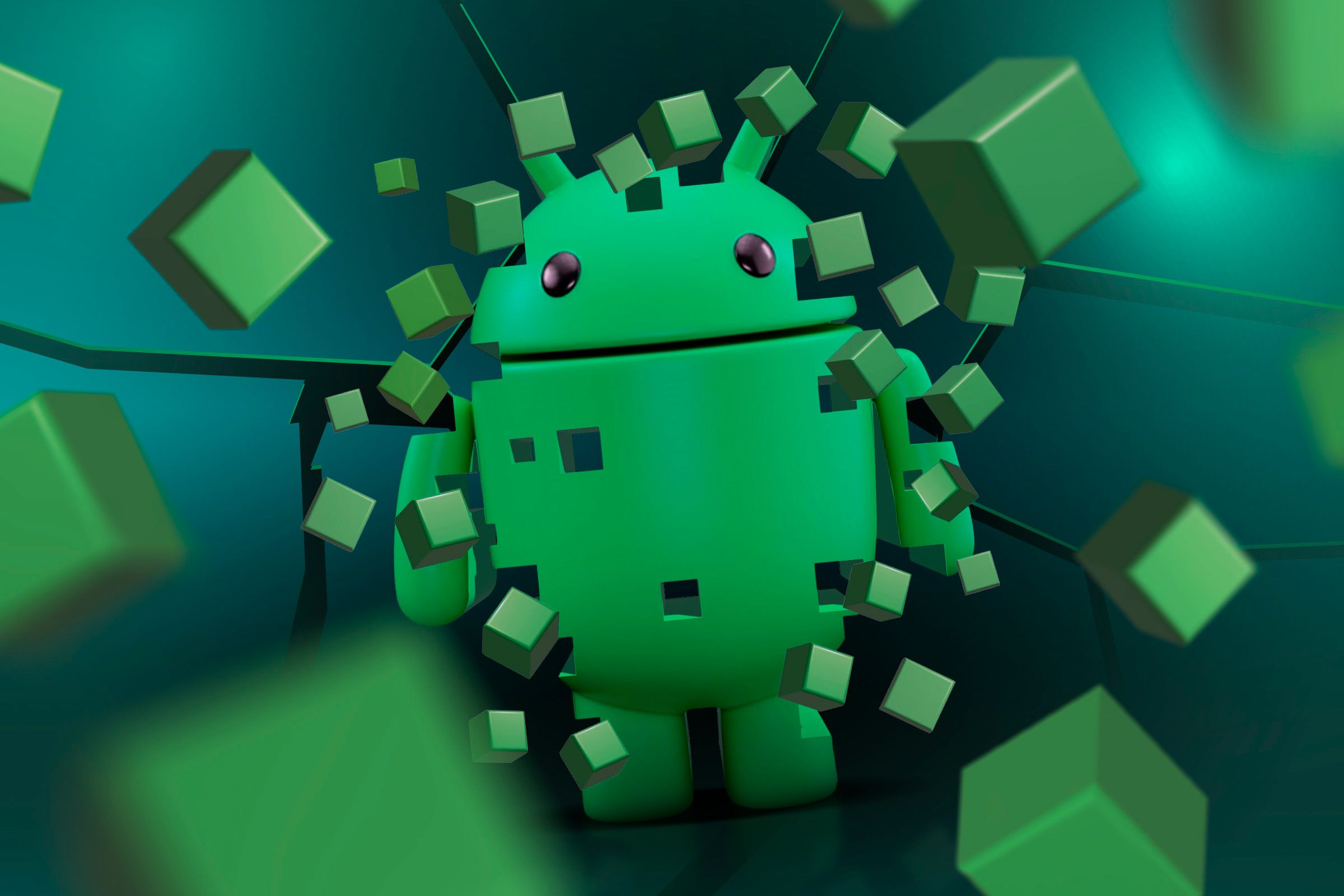 Android mascot fragmented into blocks.