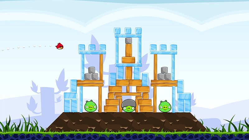 The red bird being launched in Angry Birds.