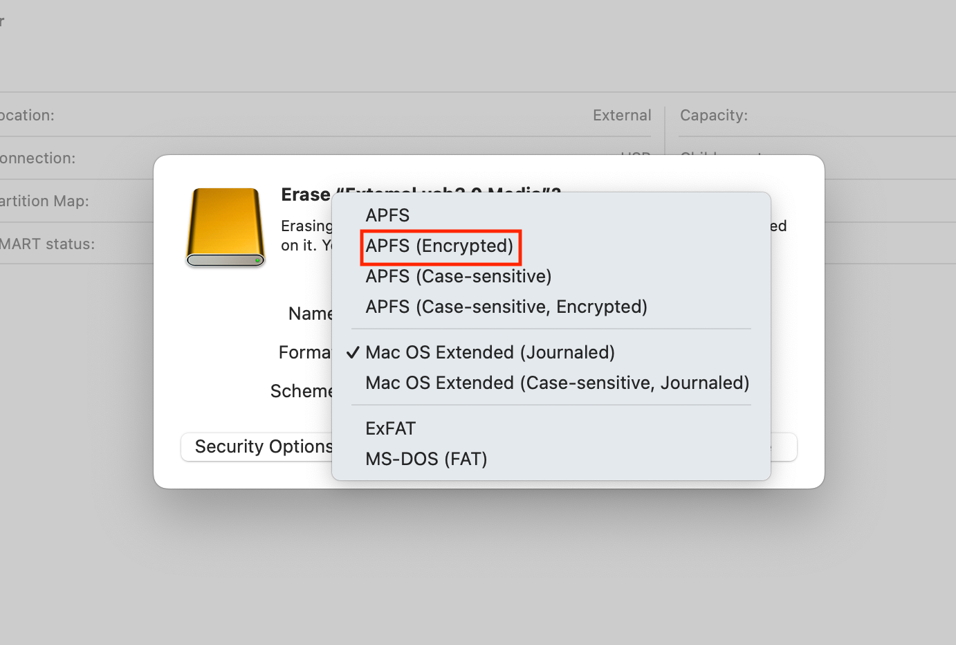 APFS Encryption option in Disk Utility.