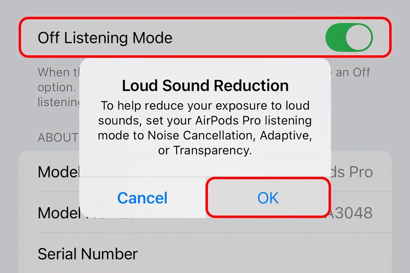 AirPods settings with the Off Listening Mode option turned on.