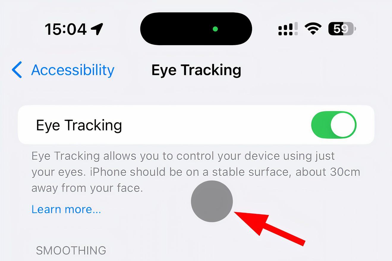 The eye tracking section in the iPhone's Settings app with the gray tracking pointer annotated. 