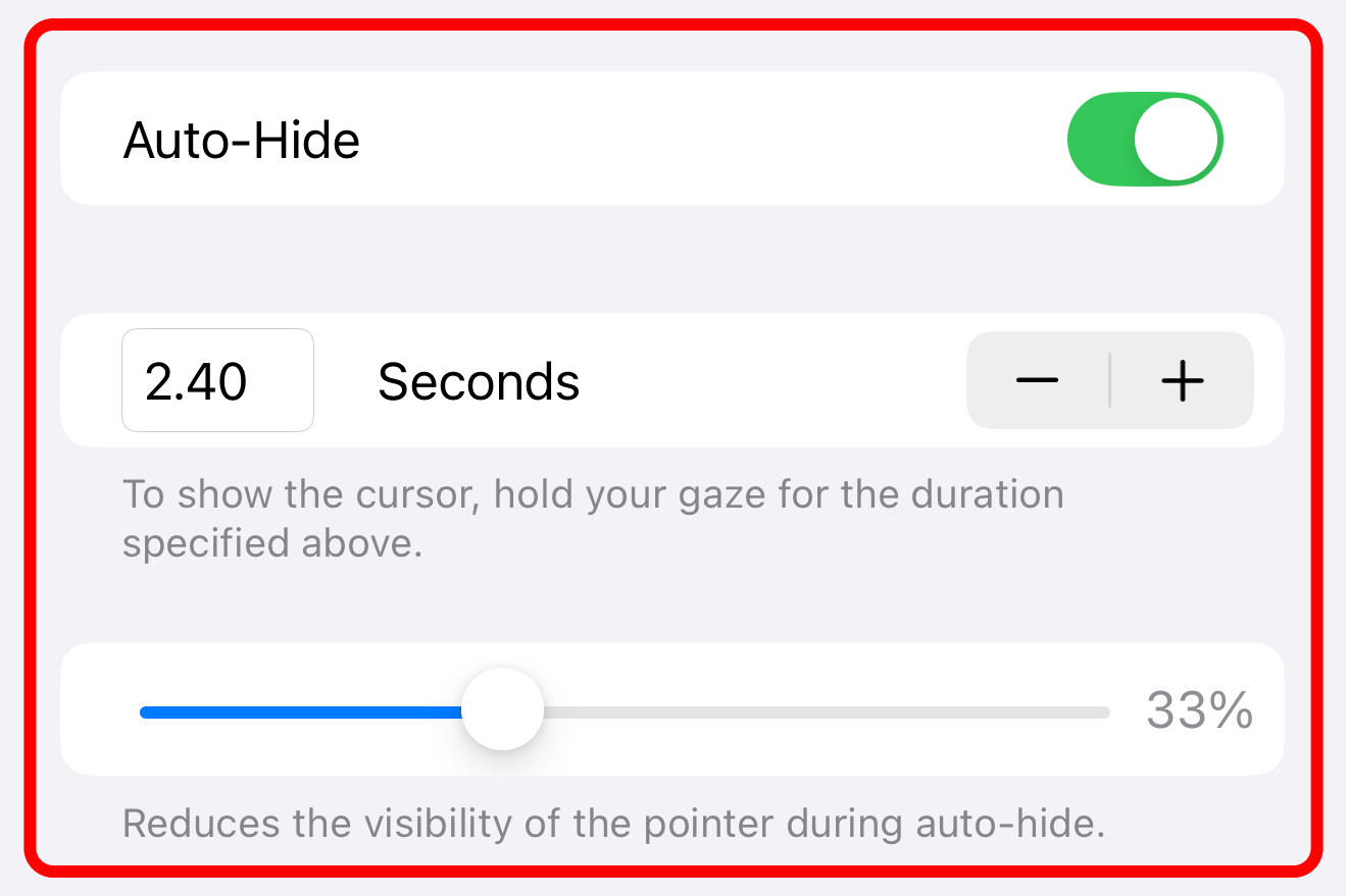 The eye tracking section in Settings on iPhone, with the Auto-Hide setting expanded.