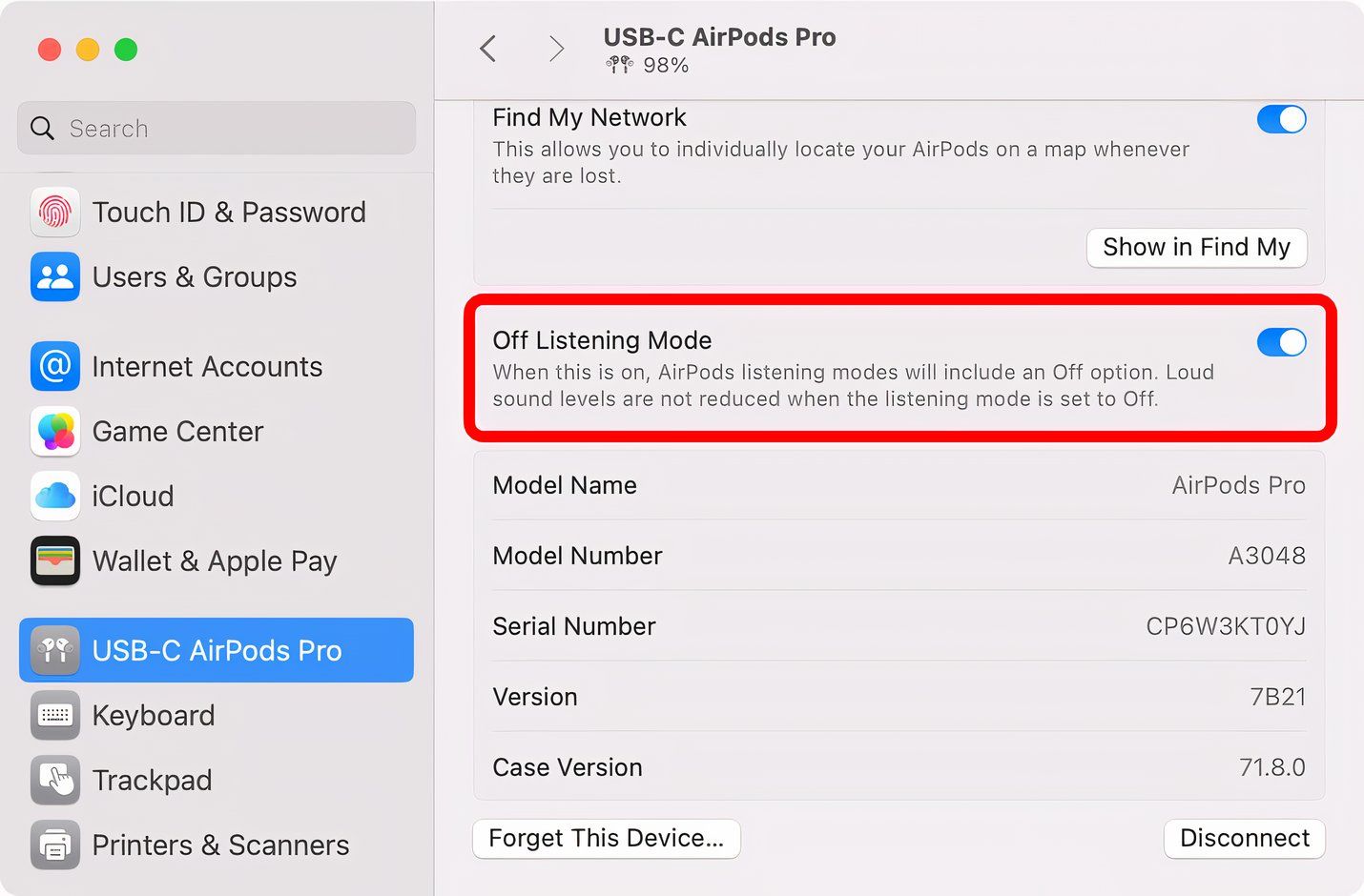 AirPods options in the macOS System Settings app with the Off Listening Mode switch turned on.