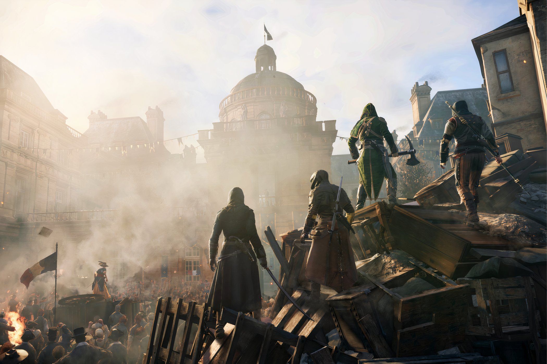 Assassins Creed Unity multiple assassins looking at a protesting crowd.