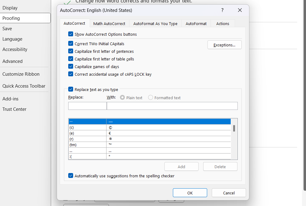 The AutoCorrect dialog box in Microsoft Word on Windows, with the "AutoCorrect" tab selected.