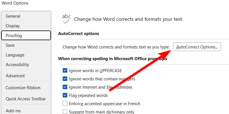 The "AutoCorrect Options" button in Microsoft Word on Windows.