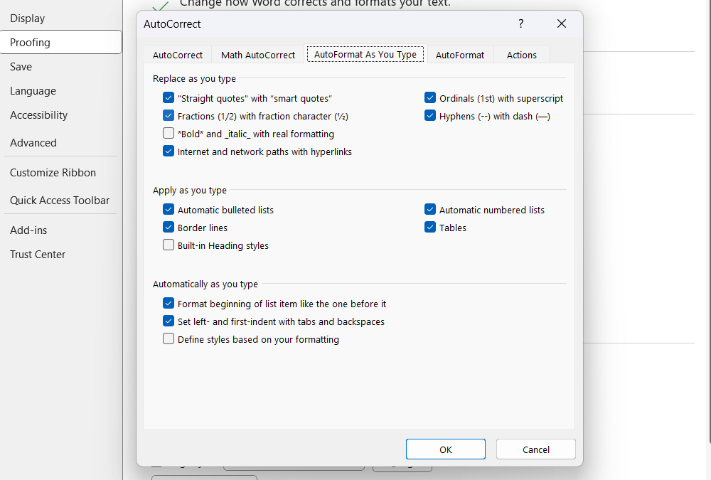 The "AutoFormat As You Type" tab of the AutoCorrect settings in Microsoft Word on Windows.