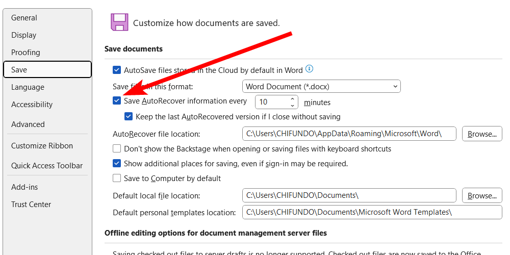 The "AutoRecover" checkbox in the Save settings dialog box of Microsoft Word on Windows.