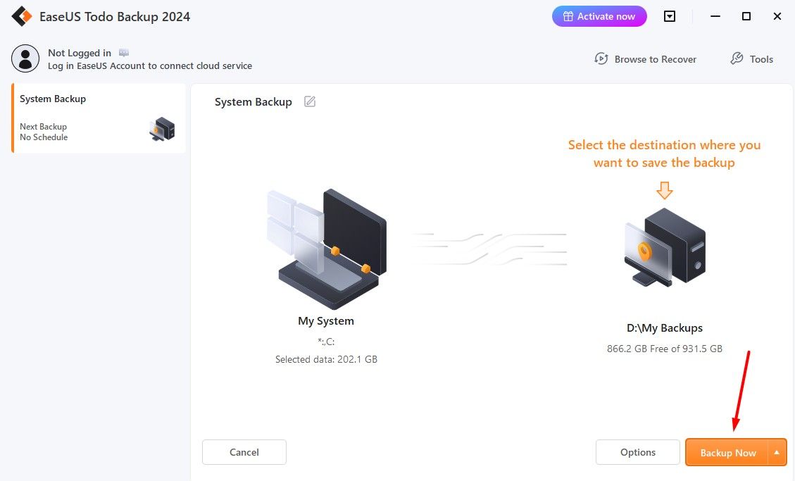 Backup Now option in the EaseUS tool.