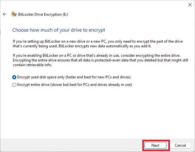 Bitlocker whole or partial drive encryption options.