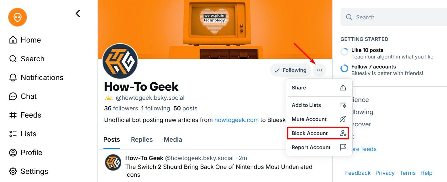 Block Account option in Bluesky.