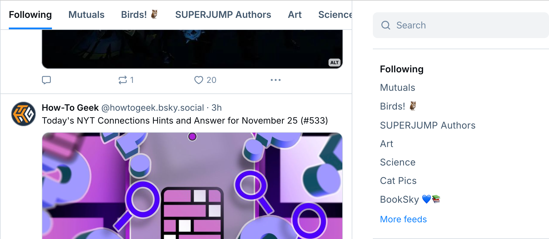 Bluesky displays links to the feeds you're subscribed to at the top and right of your timeline.