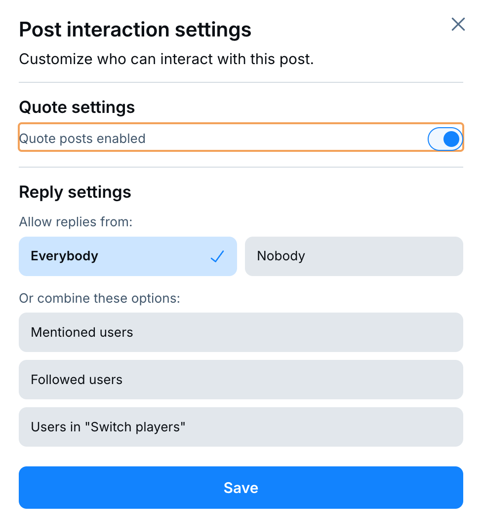 Bluesky's post settings show options for enabling quote posts and defining who can reply.