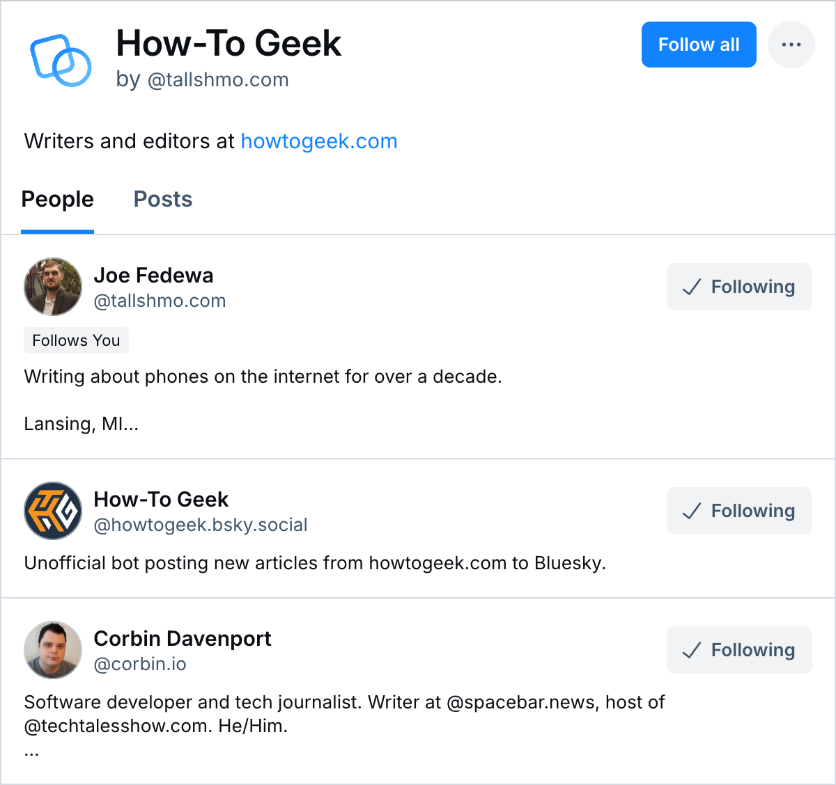 An example of a Bluesky starter pack showing authors contributing to How-To Geek.